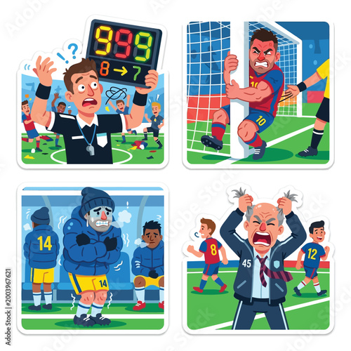 Confused referee holding up an electronic substitution board displaying an impossibly high number while the angry player refusing to leave the pitch tightly hugs the nearest white goalpost.