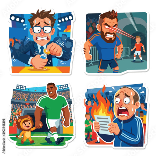 Nervous official struggling to unscrew tiny plastic ball during tense live tournament group draw next to fierce captain standing in stadium tunnel glaring intensely at opponent sticker set.