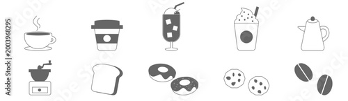 Cafe drink and dessert icon set, hand drawn style coffee bread donut collection
