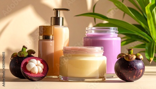 Natural beauty products and exotic mangosteen fruit for skincare and wellness rituals with sunlight and shadows