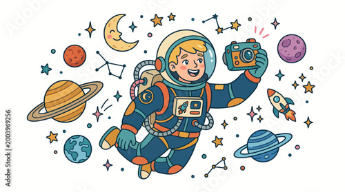 Astronaut floats in space taking a photo of planets and stars with a camera