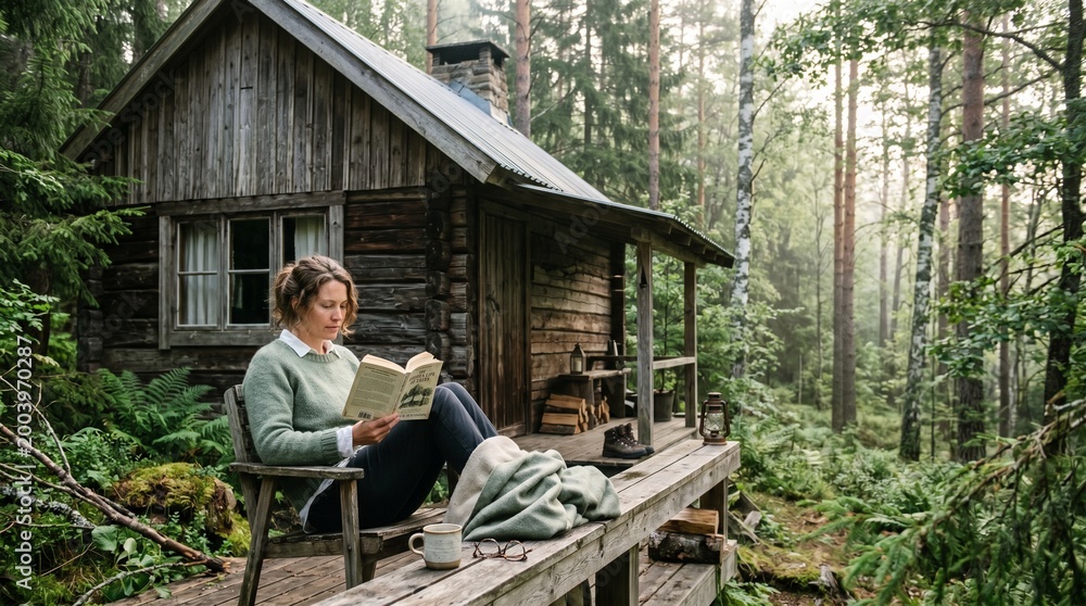 Fototapeta premium Candid portrait of a young woman reading a book on the porch of a rustic wooden cabin in a peaceful forest.