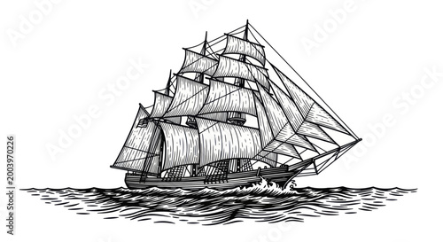 Quadro su tela Antique Tall Ship Sailing on the Ocean Waves.