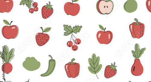 Foto Assorted Fresh Fruits and Vegetables Seamless Pattern.