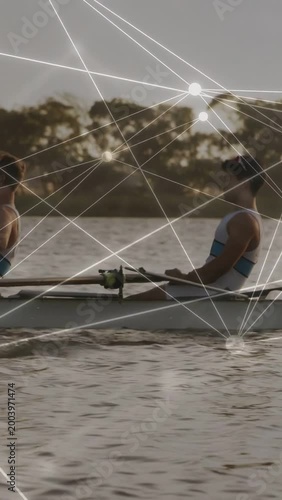 Vertical video: Rower pulling oar, two rowers syncing strokes for sports, overlay mapping timing