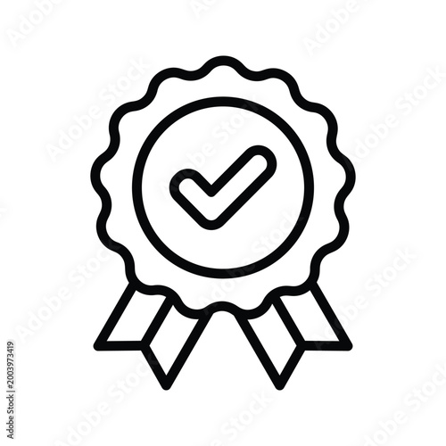 Achievement badge line icon featuring a check mark inside a ribbon seal