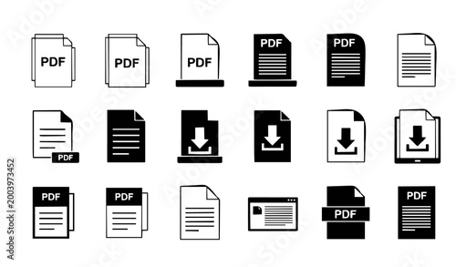 Schilderij op canvas Trendy PDF vector icon bundle with document file format and digital page symbols