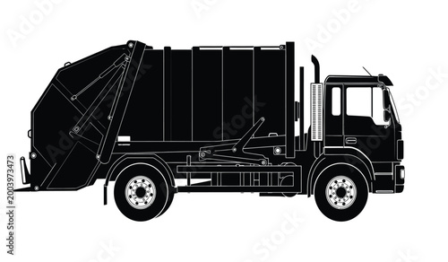 A detailed illustration depicts a black garbage truck in profile actively compacting waste presented as a silhouette high quality professional modern elegant stylish clean