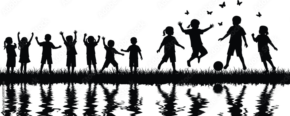 Obraz premium Children silhouette playing near water reflection with butterflies, joyful childhood concept, outdoor activity, freedom and happiness, black illustration isolated on white background