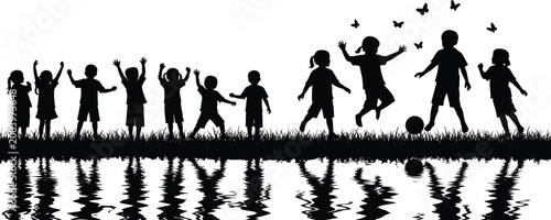 Children silhouette playing near water reflection with butterflies, joyful childhood concept, outdoor activity, freedom and happiness, black illustration isolated on white background