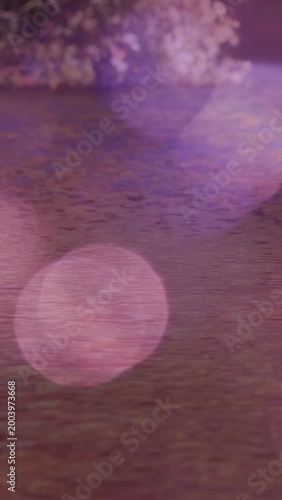 Vertical video: Water rippling, pink bokeh drifting while focus shift causing fading reflections