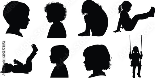 Children silhouettes collection with kids profiles playing sitting and swing poses isolated on white background illustration set