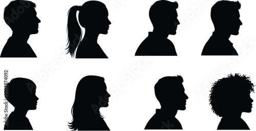 Collection of male and female side profile silhouettes with different hairstyles representing diversity, identity, avatars, and human head outline variations