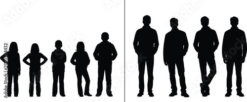 Comparison of children and adult silhouettes standing side by side illustrating growth, age difference, development stages, and human life progression concept