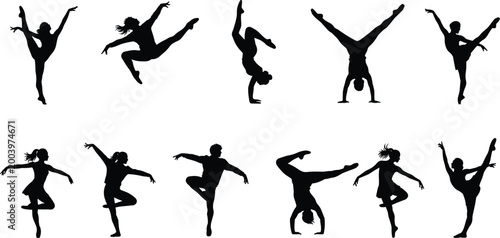 Dance silhouettes collection with ballet dancers acrobatic poses contemporary movement and performance figures isolated on white background set