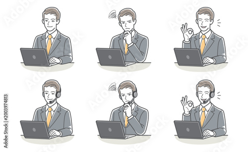 ビジネスマンのバリエーションセット（パソコン操作・ヘッドセット・カスタマーサポート）