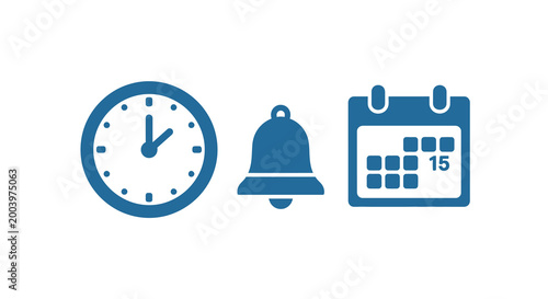 clock bell calendar icons in blue on white background