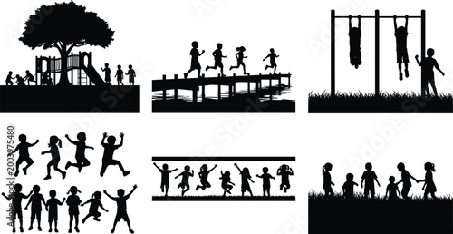 Slika na platnu Children silhouettes playing outdoors set with playground running jumping climbi