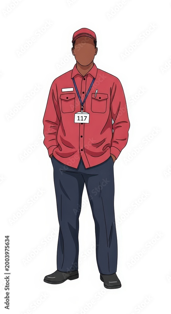 Obraz premium Confident bus driver standing in uniform with name tag and cap, hands in pockets, front view on white background