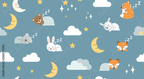 sleeping animals pattern with moons stars and clouds