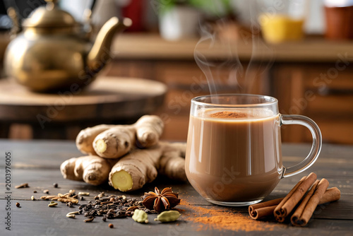 Steaming glass mug of masala chai tea with ginger, cinnamon star, anise and cardamom on a rustic wooden surface