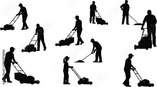 Gardener lawn mowing silhouette collection, people cutting grass and yard work activities, landscaping maintenance set, isolated black illustration for outdoor service design