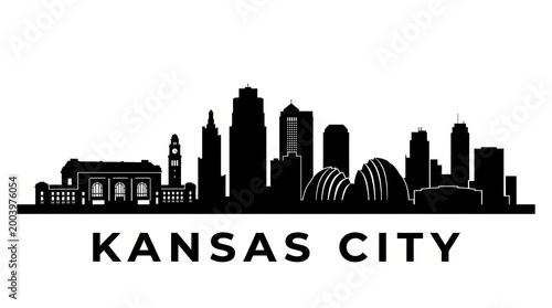 Black and white skyline silhouette of Kansas City with Union Station and modern skyline. No people. Minimal composition. Bottom: 