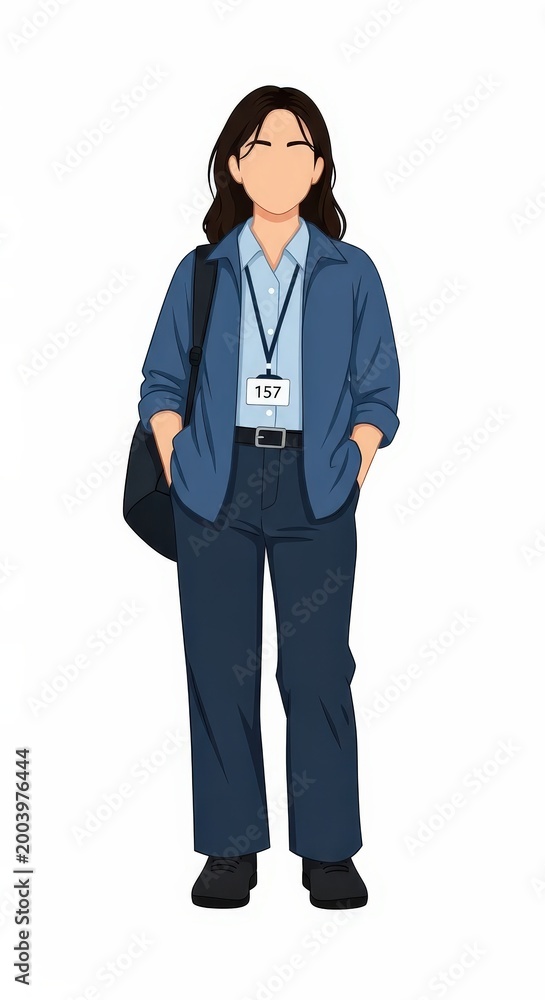 Fototapeta premium Young female journalist standing with press badge and casual outfit isolated on white background