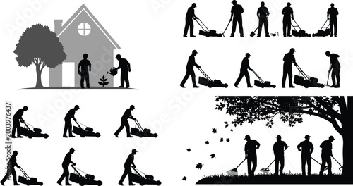Gardener silhouettes mowing lawn and watering plants, landscaping service concept, outdoor yard work activities, home garden care, black illustration collection set