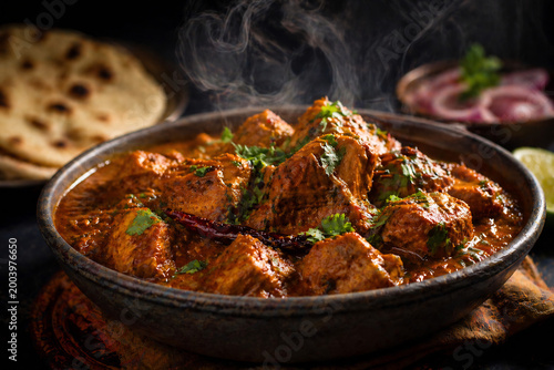 Spicy Indian chicken curry in traditional bowl with steam authentic cuisine and delicious food concept