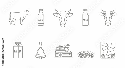Foto Dairy farm illustration featuring cow milk bell barn and grass elements