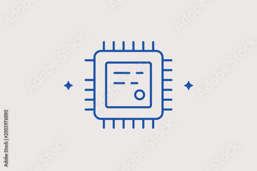 CPU processor chip line icon for computer processing power and electronic hardware. Central vector illustration for technology news sites and microchip manufacturing reports.