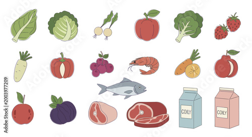 Assortment of Fresh Fruits Vegetables Meats Dairy and Seafood Items.