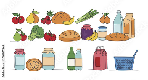 Assortment of fresh groceries and pantry staples, including fruits, vegetables, bread, and bottled goods.