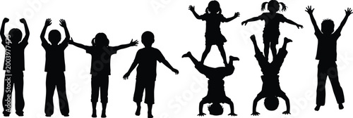 Kids silhouettes collection with children playing jumping balancing and fun activity poses isolated on white background set