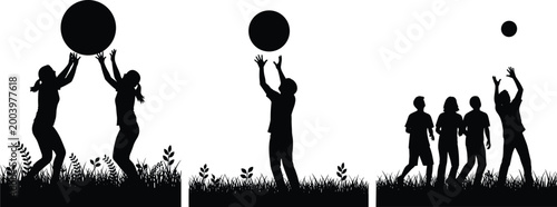 Kids silhouettes playing with ball outdoor, teamwork and fun activity, childhood lifestyle concept, group interaction, black illustration isolated for recreation design