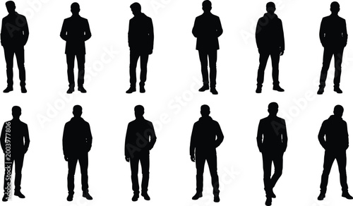 Male silhouettes collection with standing men casual and business poses isolated on white background full body illustration set