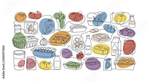 Assortment of various fresh groceries and food items in a colorful, hand-drawn style.