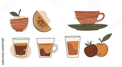 Autumnal Beverage Collection with Warm Drinks and Seasonal Fruits.