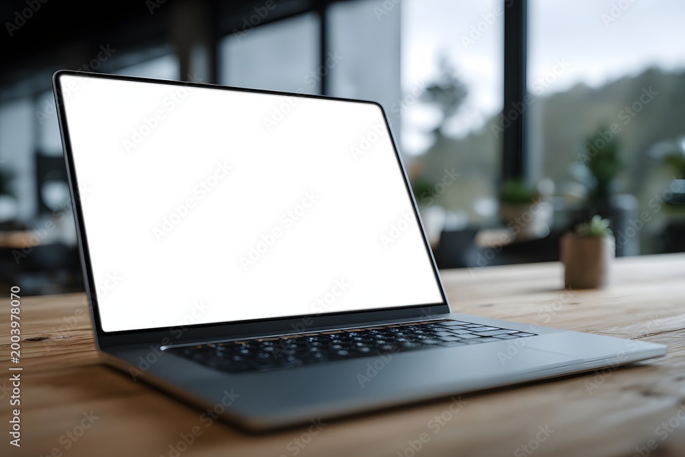 Fototapeta premium AI content management system interface overlay laptop clean desk