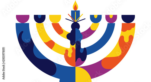 Bild auf Leinwand Colorful Menorah with Candle Flame - Hanukkah Celebration