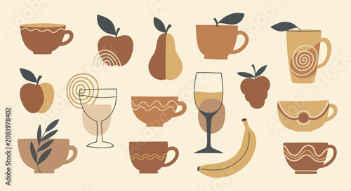 Collection of Abstract Ceramic Cups, Mugs, and Fresh Fruits.