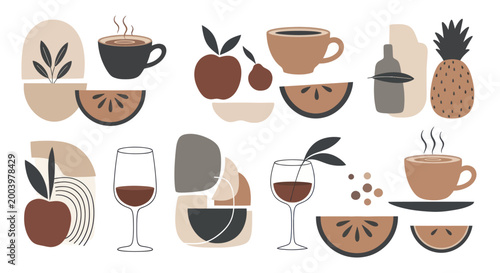 Collection of Abstract Food and Drink Elements with Modern Geometric Shapes.