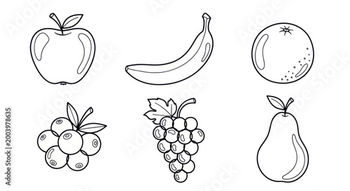 Collection of Fresh Fruit Line Art Illustrations for Healthy Eating.