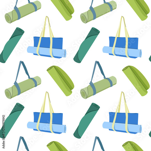 Seamless pattern with rolled yoga mats and sport bags in flat vector style