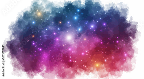 Watercolor nebula illustration featuring a cosmic cloud filled with twinkling stars and vibrant hues of pink, blue, and red, set against a clean white background for a dreamy celestial