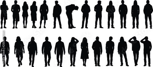 People silhouette collection, men and women standing and walking in casual poses, diverse human figures set, isolated black illustration for lifestyle design
