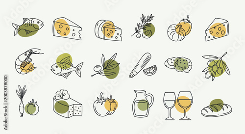 Collection of Hand Drawn Mediterranean Food and Drink Icons.