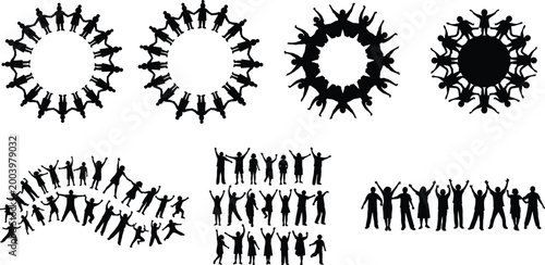 People silhouettes forming circle unity concept, teamwork and community connection, group collaboration symbol, social diversity, black illustration isolated design set
