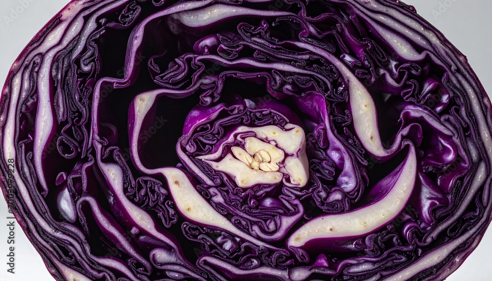 Fototapeta premium Close-up macro shot of a halved red cabbage, revealing intricate layers and vibrant purple hues with a white core